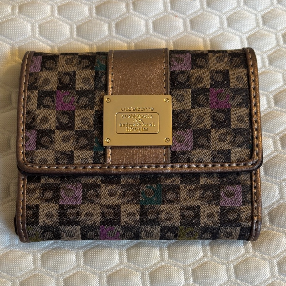 Liz Claiborne Brown Checker Wallet with Purple and Teal Accents